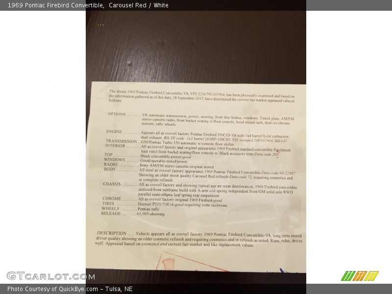 Carousel Red / White 1969 Pontiac Firebird Convertible