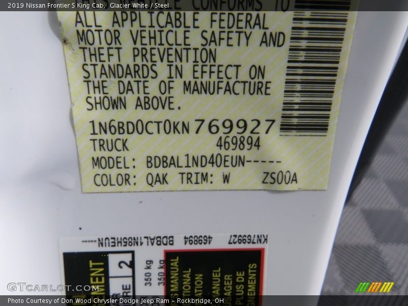 2019 Frontier S King Cab Glacier White Color Code QAK