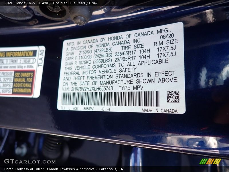 Obsidian Blue Pearl / Gray 2020 Honda CR-V LX AWD