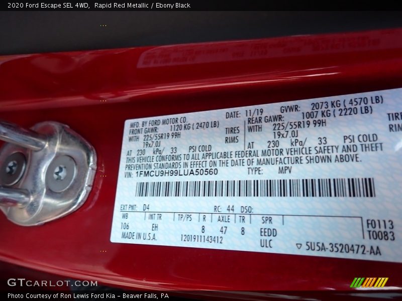 Rapid Red Metallic / Ebony Black 2020 Ford Escape SEL 4WD