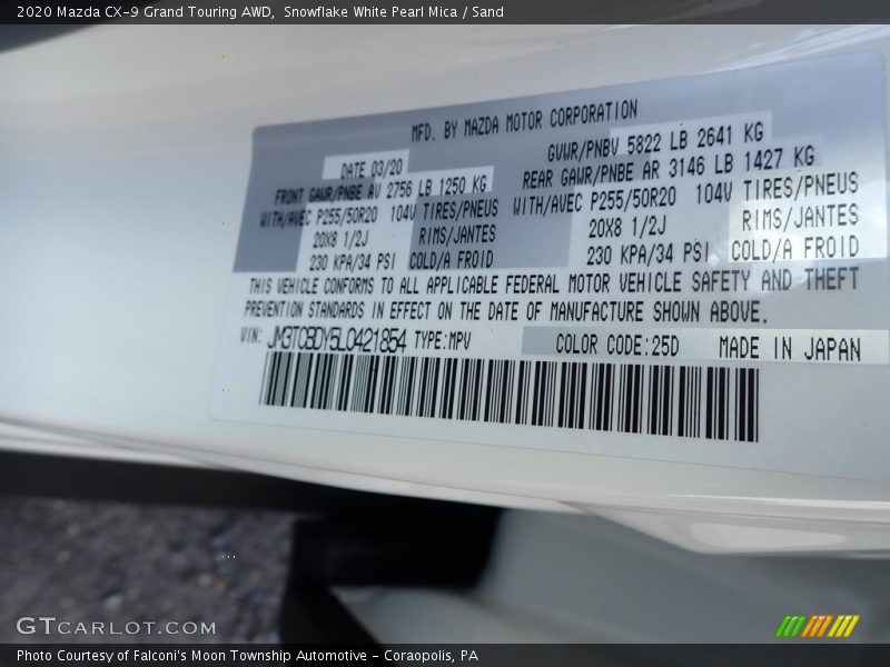 Snowflake White Pearl Mica / Sand 2020 Mazda CX-9 Grand Touring AWD
