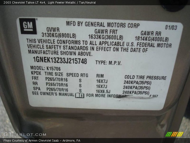 Light Pewter Metallic / Tan/Neutral 2003 Chevrolet Tahoe LT 4x4