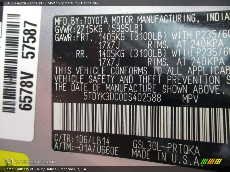 Silver Sky Metallic / Light Gray 2013 Toyota Sienna XLE