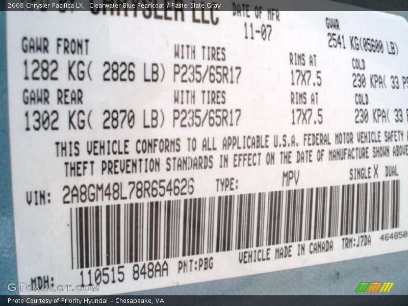 Clearwater Blue Pearlcoat / Pastel Slate Gray 2008 Chrysler Pacifica LX