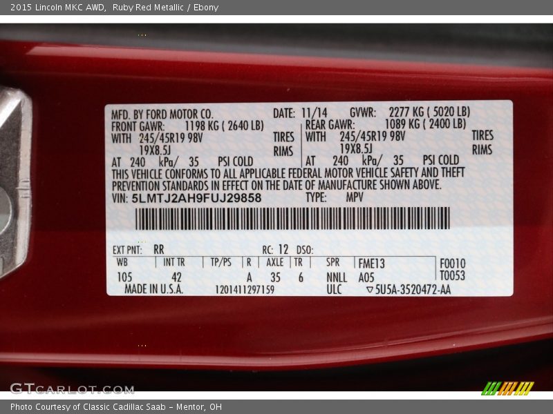 Ruby Red Metallic / Ebony 2015 Lincoln MKC AWD