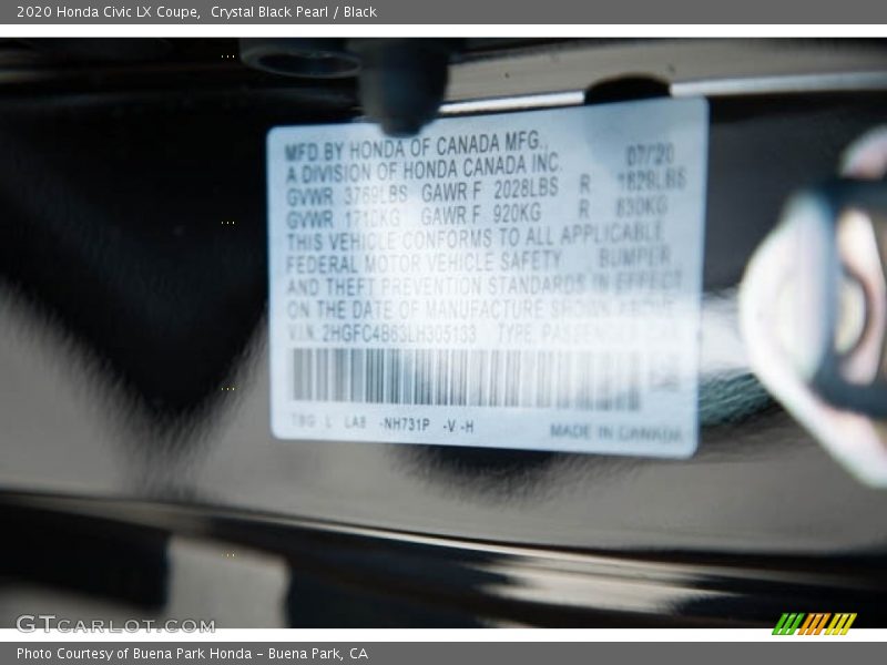 Crystal Black Pearl / Black 2020 Honda Civic LX Coupe