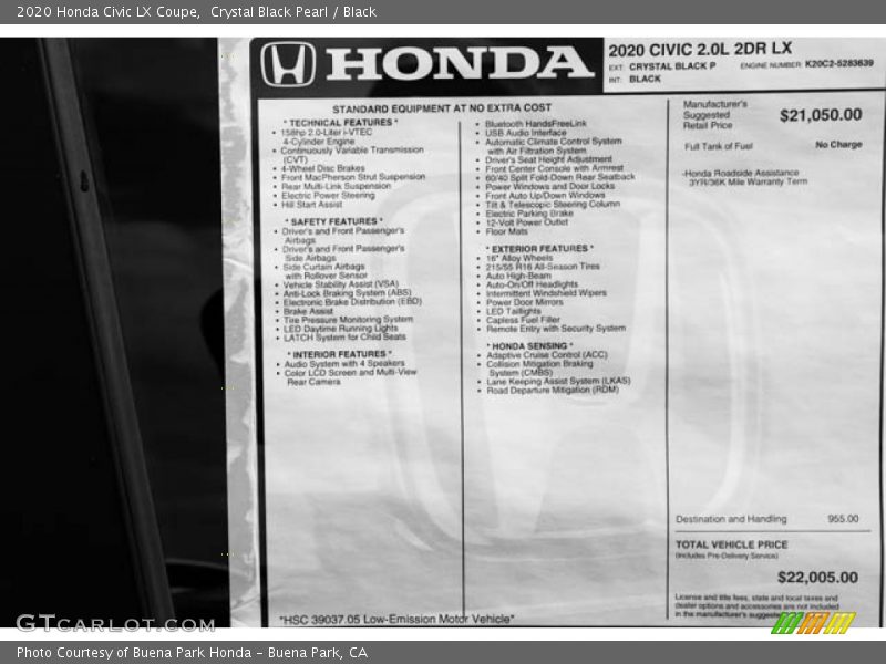 Crystal Black Pearl / Black 2020 Honda Civic LX Coupe