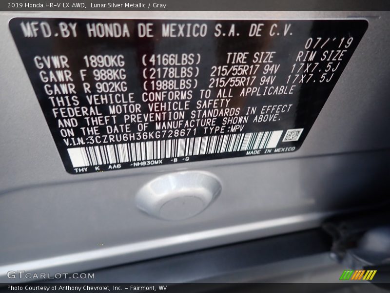 Lunar Silver Metallic / Gray 2019 Honda HR-V LX AWD