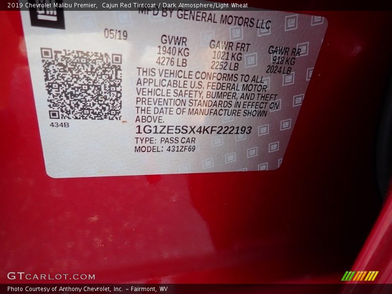 Cajun Red Tintcoat / Dark Atmosphere/Light Wheat 2019 Chevrolet Malibu Premier
