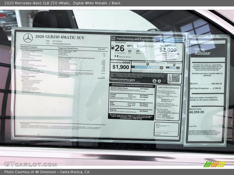  2020 GLB 250 4Matic Window Sticker