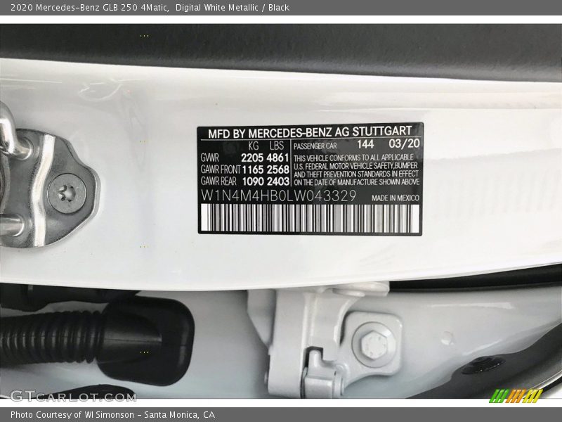 2020 GLB 250 4Matic Digital White Metallic Color Code 144