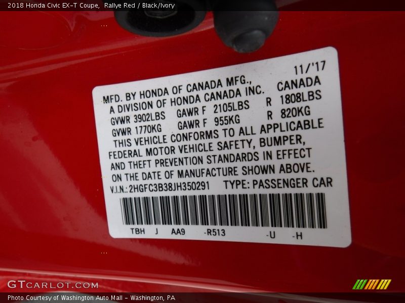 Rallye Red / Black/Ivory 2018 Honda Civic EX-T Coupe