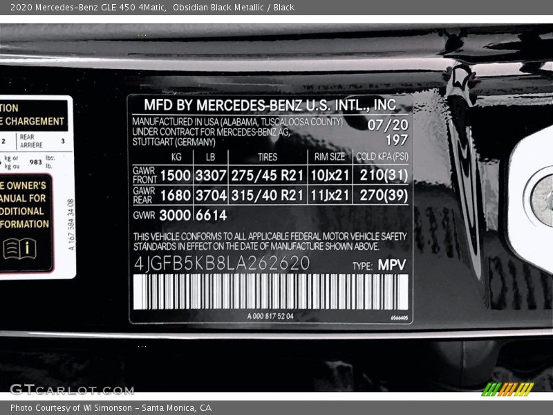 2020 GLE 450 4Matic Obsidian Black Metallic Color Code 197