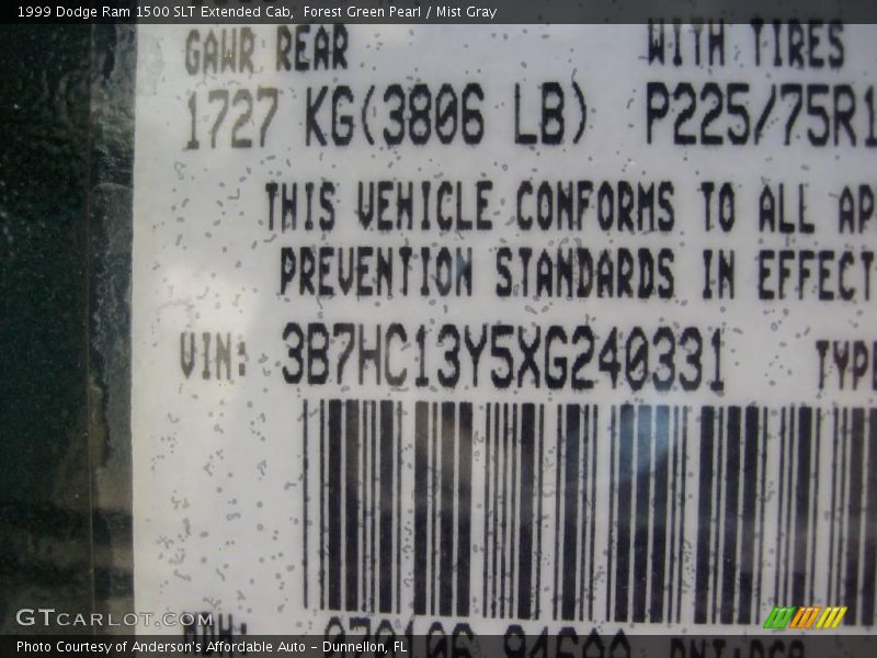 Forest Green Pearl / Mist Gray 1999 Dodge Ram 1500 SLT Extended Cab