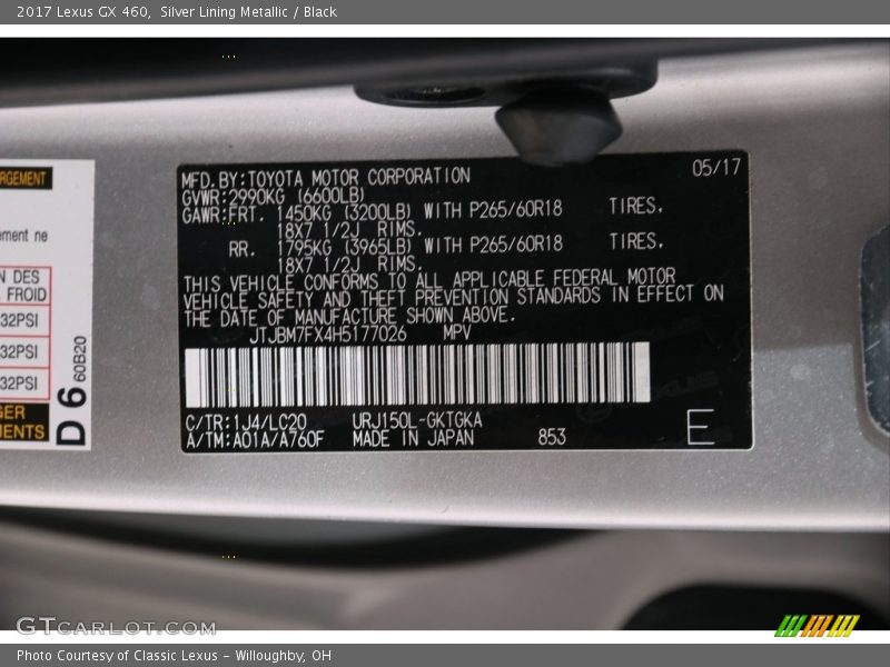 2017 GX 460 Silver Lining Metallic Color Code 1J4
