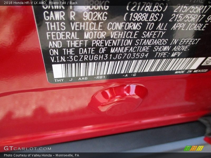 Milano Red / Black 2018 Honda HR-V LX AWD