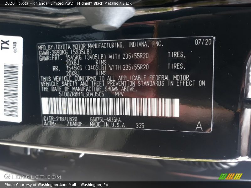 Midnight Black Metallic / Black 2020 Toyota Highlander Limited AWD