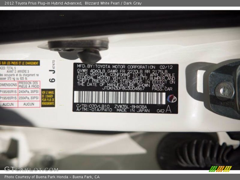 Blizzard White Pearl / Dark Gray 2012 Toyota Prius Plug-in Hybrid Advanced