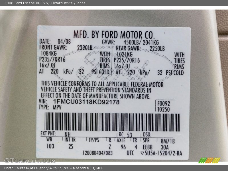Oxford White / Stone 2008 Ford Escape XLT V6
