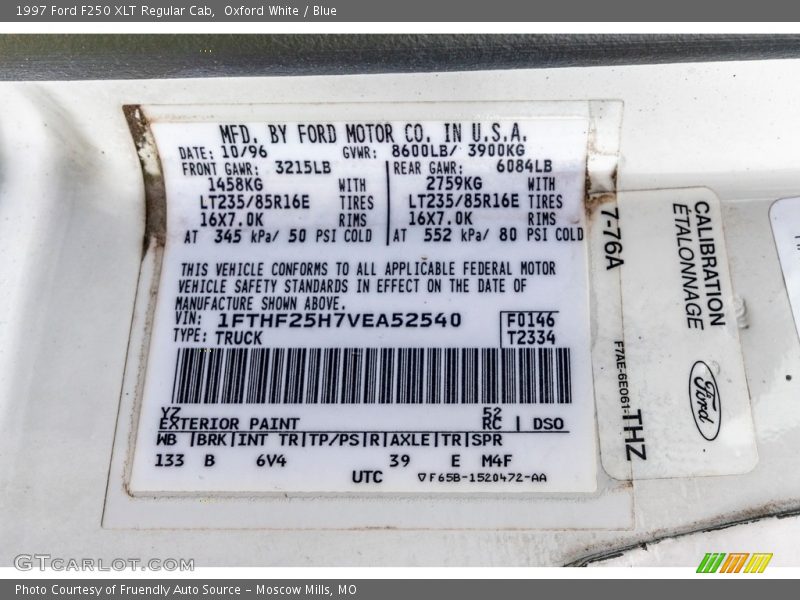 1997 F250 XLT Regular Cab Oxford White Color Code YZ