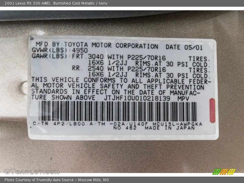 2001 RX 300 AWD Burnished Gold Metallic Color Code 4P2