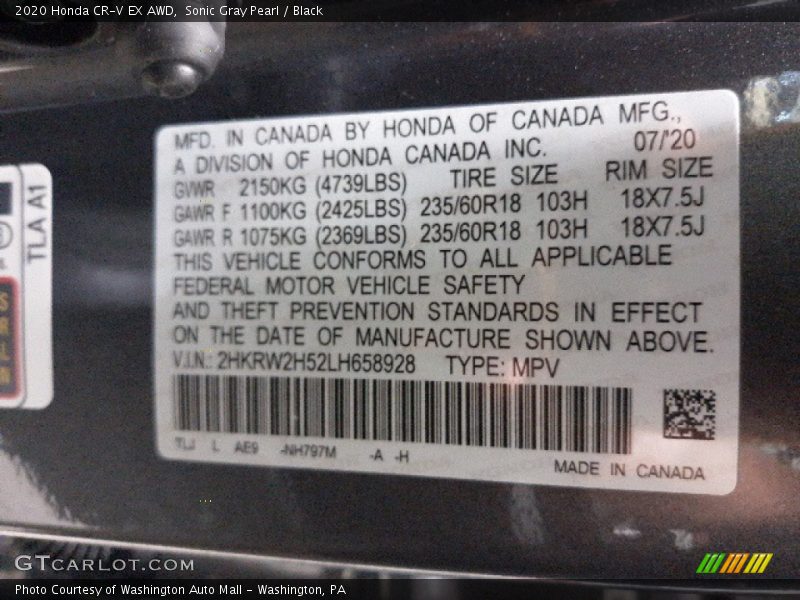 Sonic Gray Pearl / Black 2020 Honda CR-V EX AWD