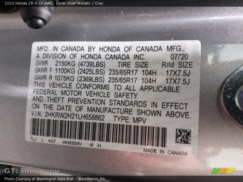 Lunar Silver Metallic / Gray 2020 Honda CR-V LX AWD