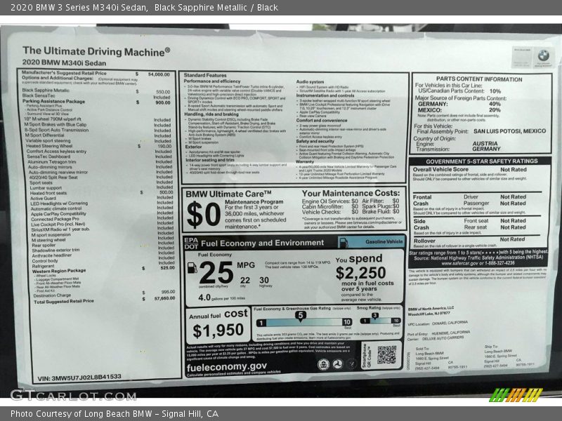  2020 3 Series M340i Sedan Window Sticker
