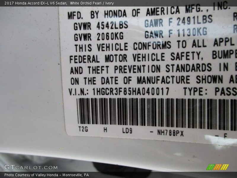 White Orchid Pearl / Ivory 2017 Honda Accord EX-L V6 Sedan