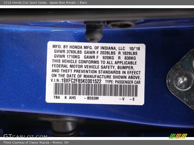 Agean Blue Metallic / Black 2019 Honda Civic Sport Sedan