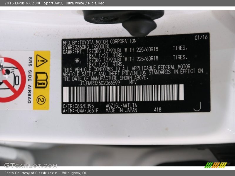 Ultra White / Rioja Red 2016 Lexus NX 200t F Sport AWD