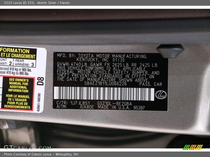 2020 ES 350 Atomic Silver Color Code 1J7