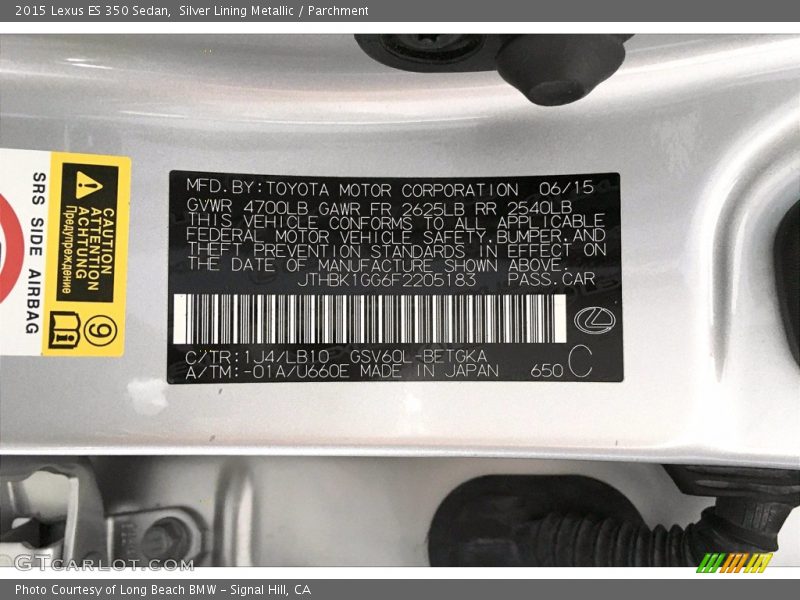2015 ES 350 Sedan Silver Lining Metallic Color Code 1J4