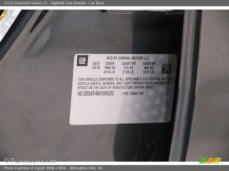 Nightfall Gray Metallic / Jet Black 2016 Chevrolet Malibu LT