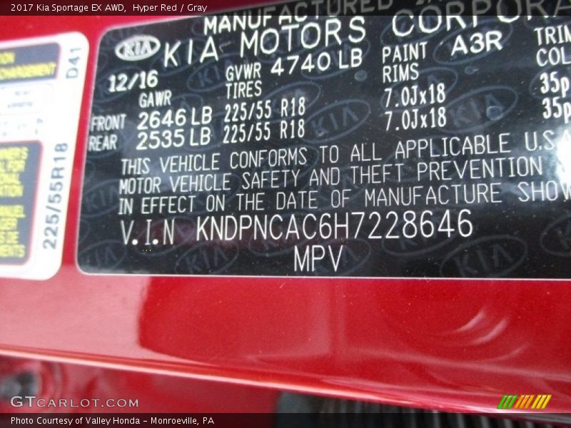 Hyper Red / Gray 2017 Kia Sportage EX AWD