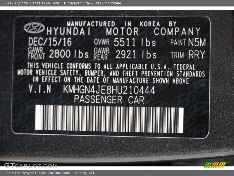 Himalayan Gray / Black Monotone 2017 Hyundai Genesis G80 AWD