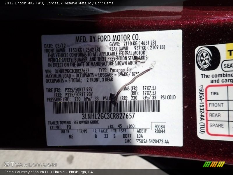 Bordeaux Reserve Metallic / Light Camel 2012 Lincoln MKZ FWD
