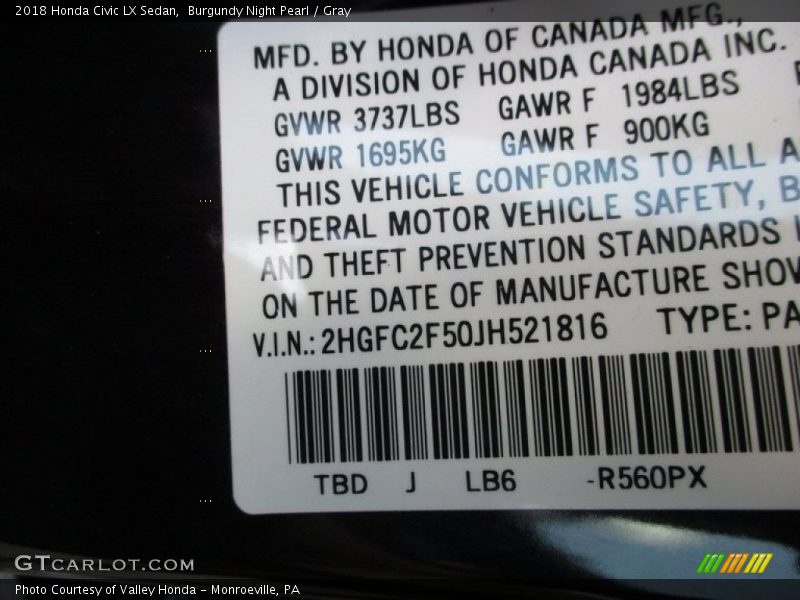 2018 Civic LX Sedan Burgundy Night Pearl Color Code R560PX