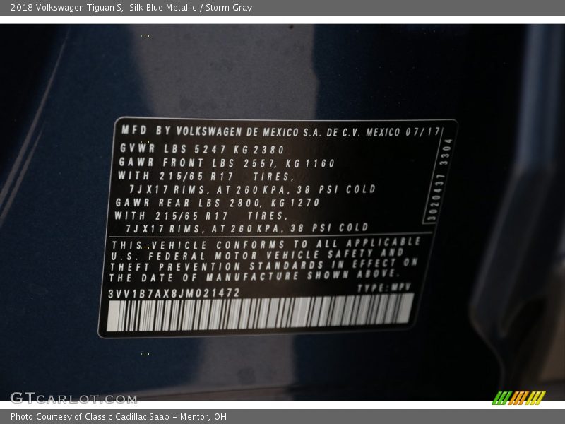 Silk Blue Metallic / Storm Gray 2018 Volkswagen Tiguan S