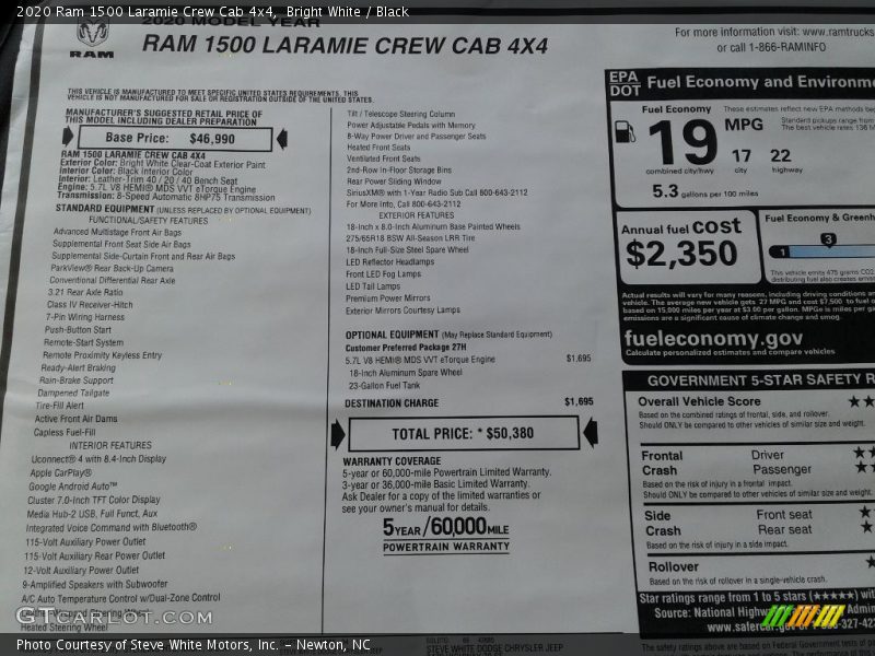 Bright White / Black 2020 Ram 1500 Laramie Crew Cab 4x4