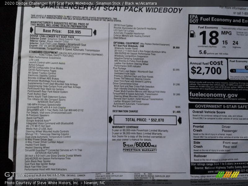  2020 Challenger R/T Scat Pack Widebody Window Sticker