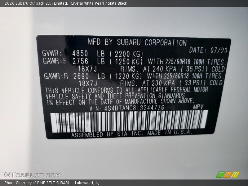 Crystal White Pearl / Slate Black 2020 Subaru Outback 2.5i Limited