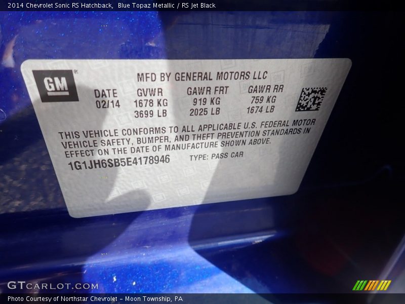 Blue Topaz Metallic / RS Jet Black 2014 Chevrolet Sonic RS Hatchback