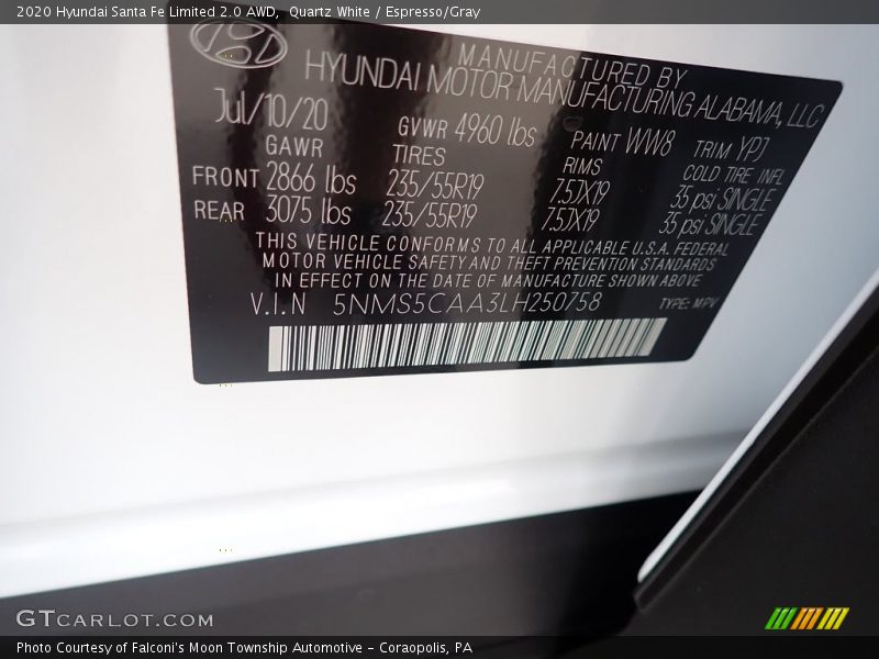 Quartz White / Espresso/Gray 2020 Hyundai Santa Fe Limited 2.0 AWD