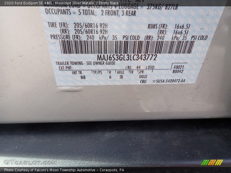Moondust Silver Metallic / Ebony Black 2020 Ford EcoSport SE 4WD