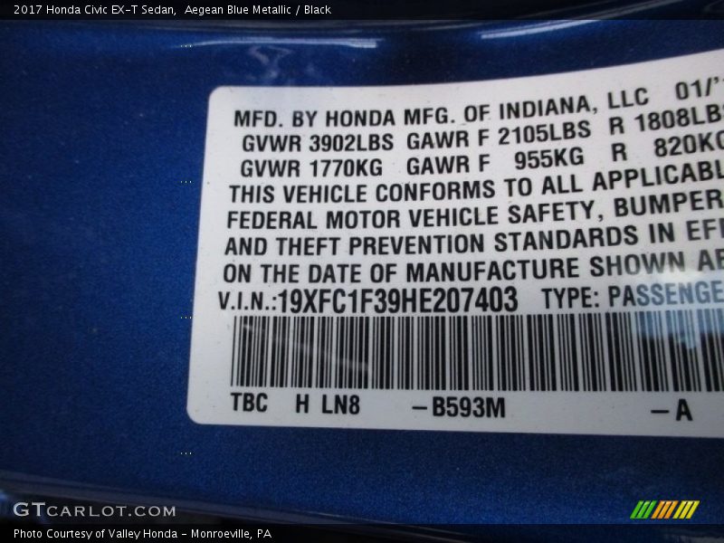 Aegean Blue Metallic / Black 2017 Honda Civic EX-T Sedan
