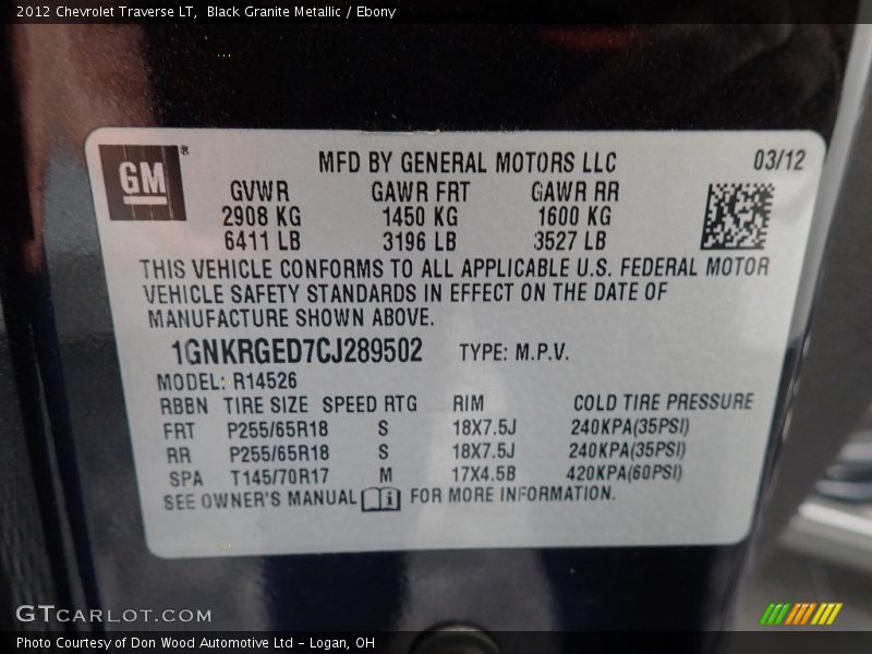 Black Granite Metallic / Ebony 2012 Chevrolet Traverse LT