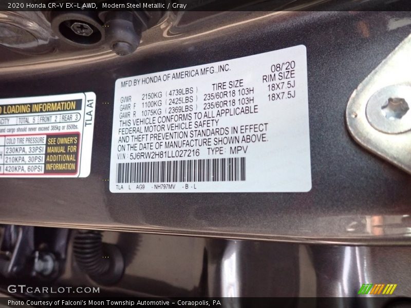 Modern Steel Metallic / Gray 2020 Honda CR-V EX-L AWD