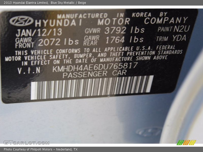 Blue Sky Metallic / Beige 2013 Hyundai Elantra Limited