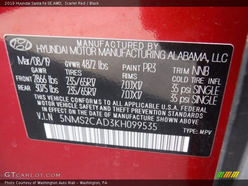 Scarlet Red / Black 2019 Hyundai Santa Fe SE AWD